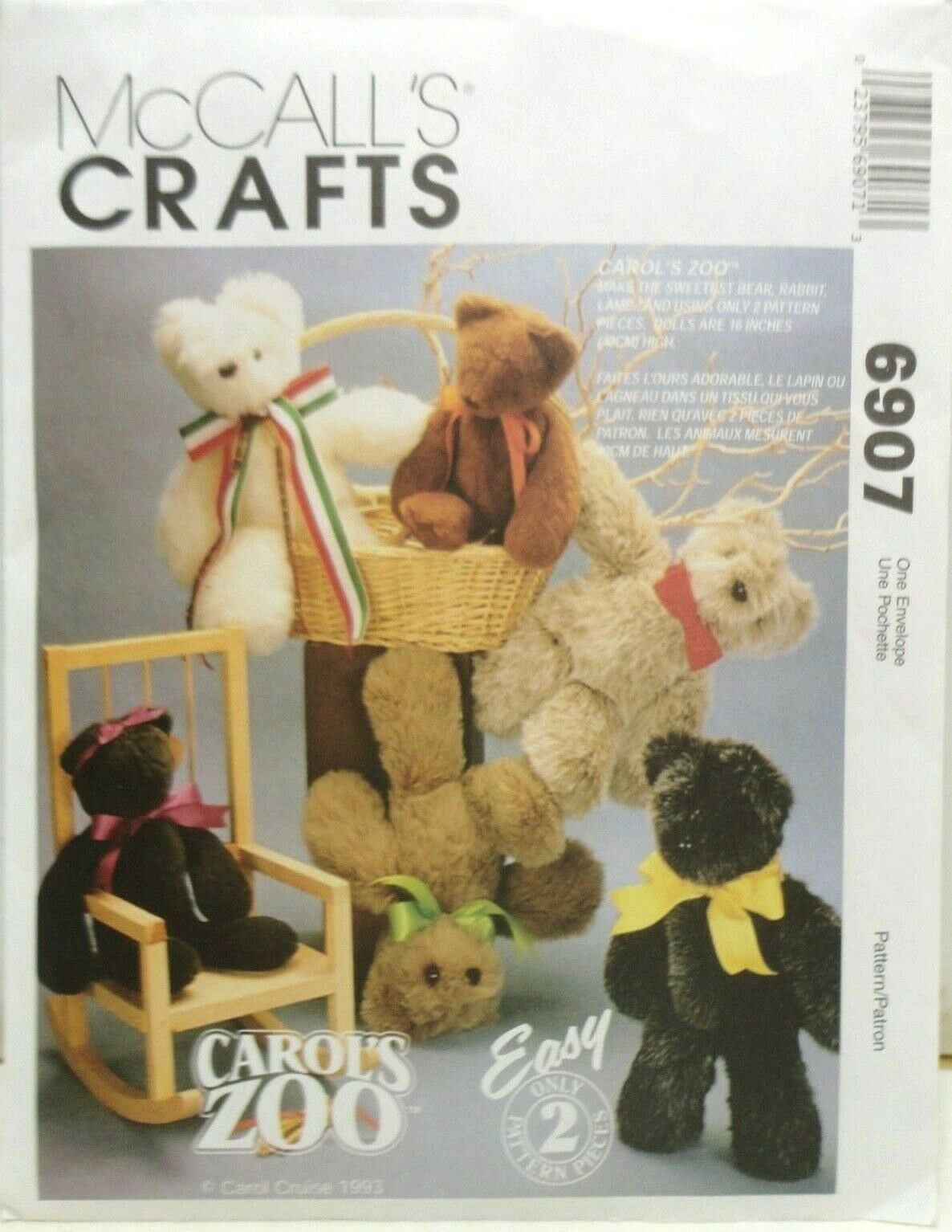Mccalls Craft Pattern 6907 Bear Rabbit Lamb Sewing Crafting Plush Stuffed Animal