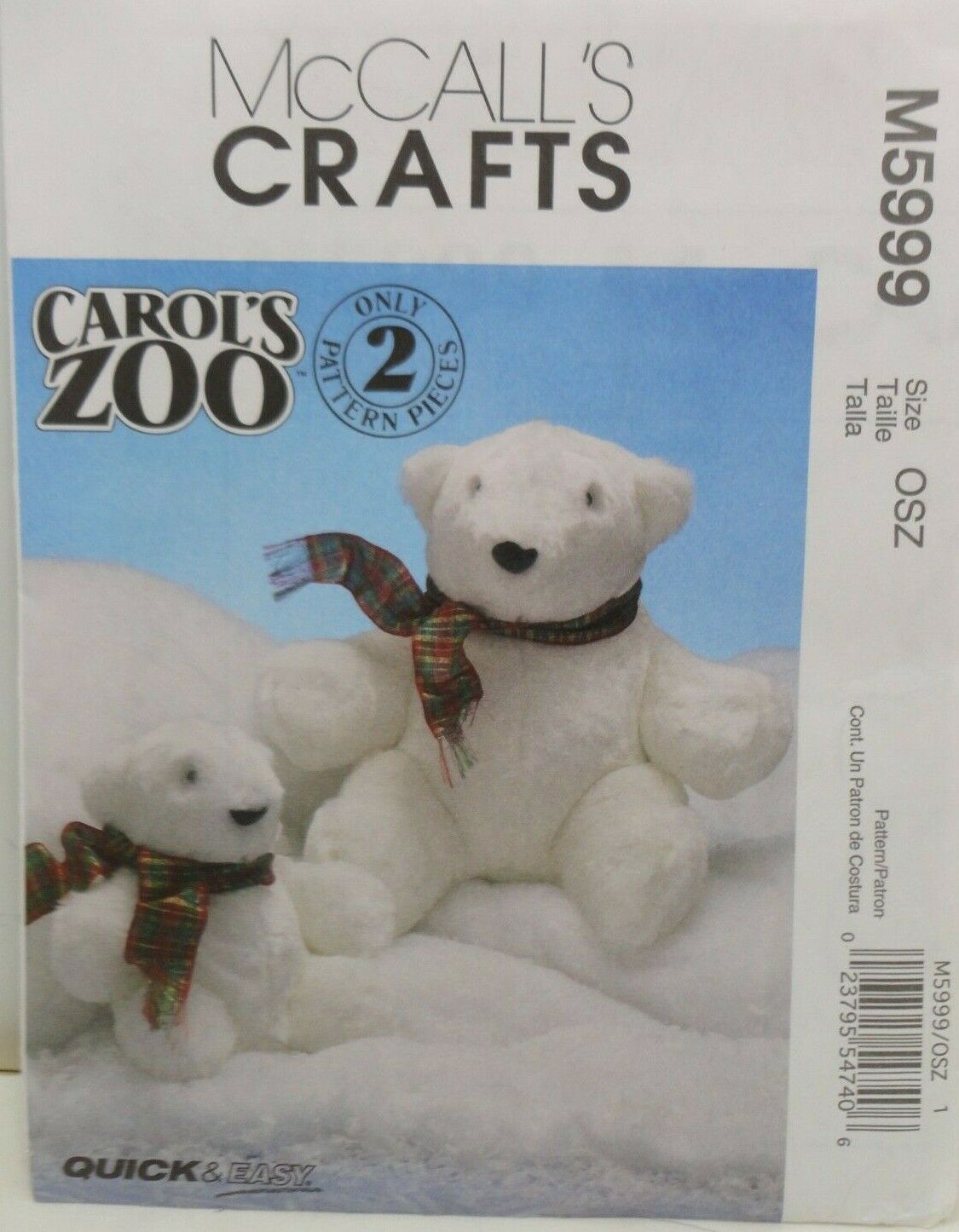Mccalls Craft Pattern M5999 Polar Bear 2009 Sewing Crafting Plush Stuffed Animal