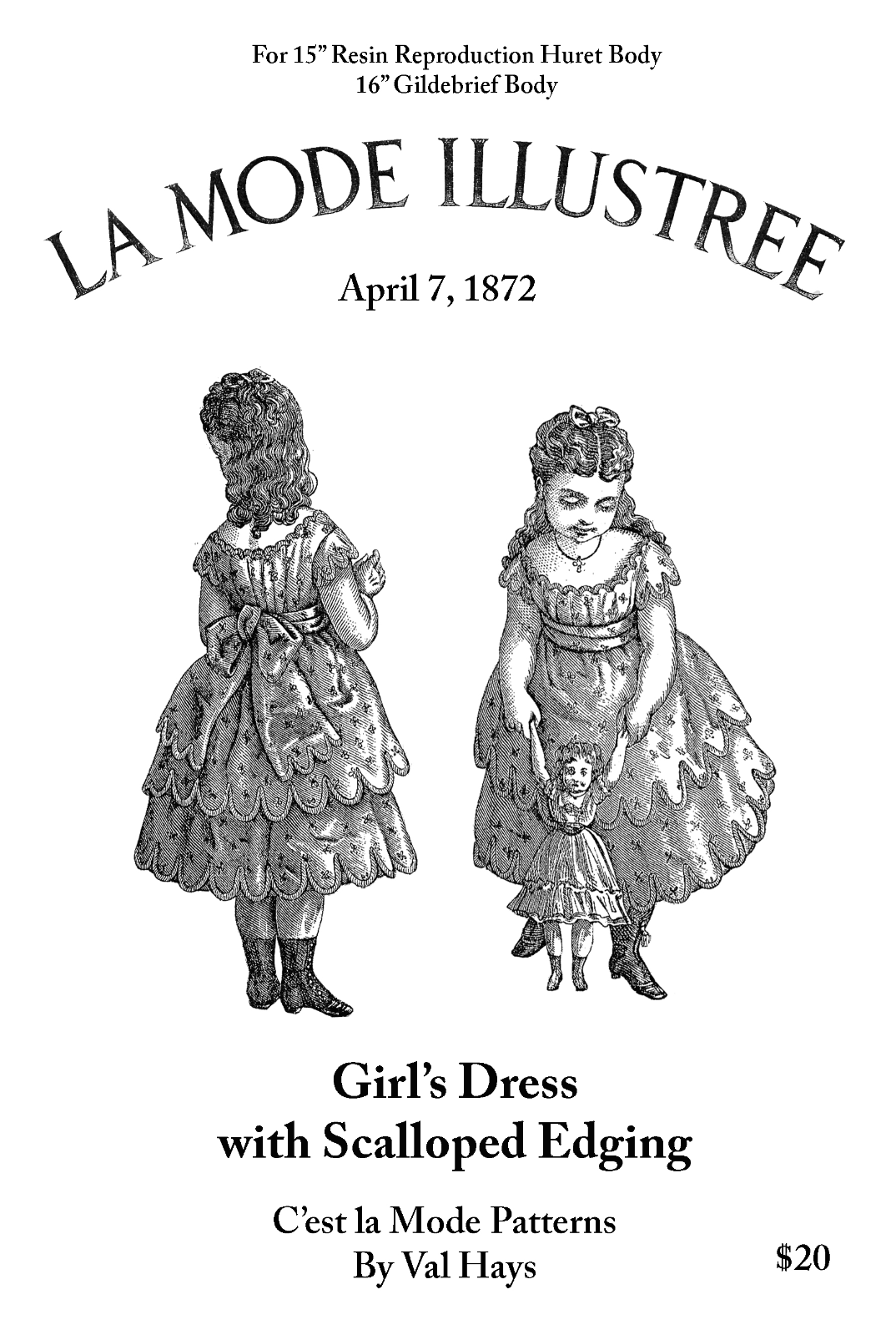 1872 Enfantine Huret Style Scalloped Edges Dress 15" Doll Clothes Pattern