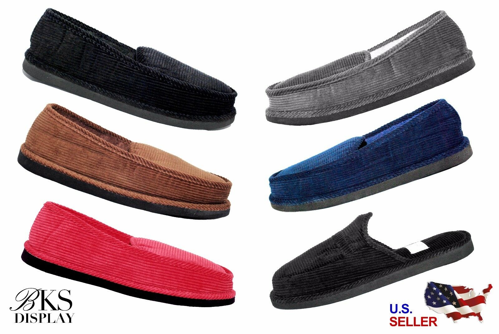Mens House Shoes Slippers Moccasin Slip-on Corduroy Black Brown Red Navy Gray